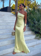 Yellow One Shoulder Straps Prom Dresses Evening Gowns Floor Length Party Wear