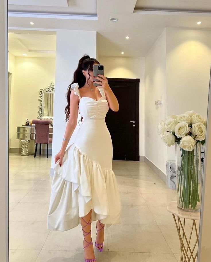 White Satin Ruffle Mermaid Strap Prom Party Gown for Women