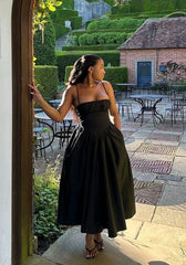 A-Line Black Satin Evening Dress Girls Sleeveless Lace-Up Gown