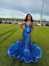 Blue Tulle Mermaid Prom Gown Sleeveless Built-in Bra Evening Dress