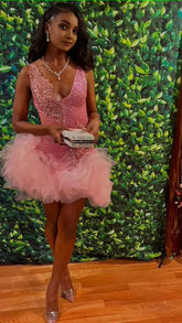 Sequin V-Neck Pink Homecoming Dress with Tulle Ruffle Skirt