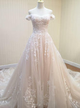Off Shoulder Tulle Wedding Dress with Sweep Train Lace-Up Back
