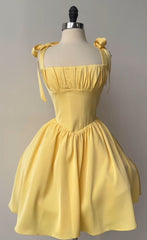 Yellow Satin A-Line Homecoming Dress with Bow Strap and Lace-Up