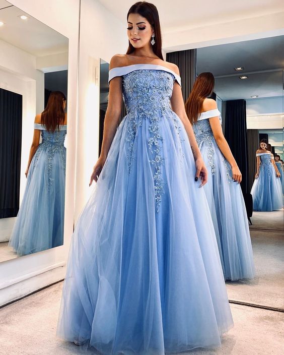 Off-Shoulder Beaded Applique Tulle Prom Dress with Built-In Bra