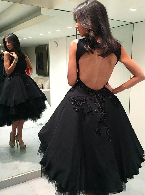 A-Line Black Tulle Backless Knee-Length Satin Homecoming Dress