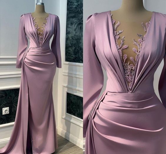 Vintage Satin Long Sleeve Illusion V Neck Mermaid Evening Dress