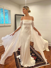 Soft Satin Floor-Length Bridal Gown Open Back Detachable Flare Sleeves