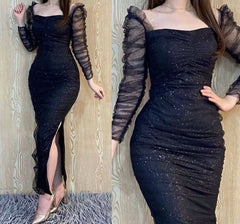 Black Off-Shoulder Shiny Sheath Prom Party Dress with Long Sleeves