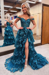 Sparkly Peacock Blue Off Shoulder Ruffle Long Prom Dress
