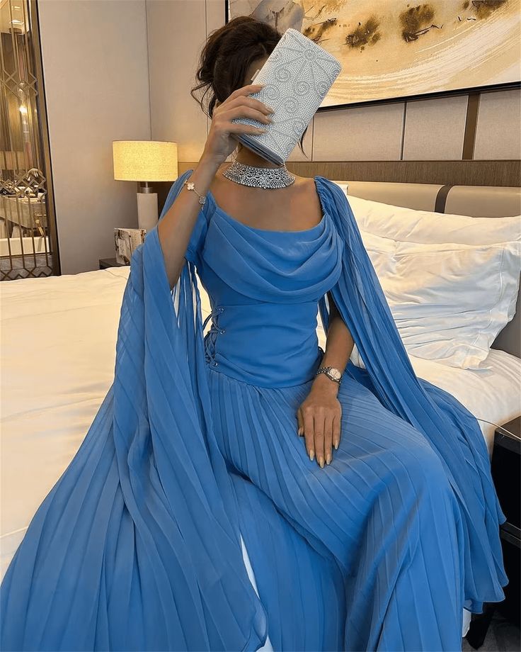 Elegant Blue Chiffon A-Line Ankle-Length Prom Dress with Bra