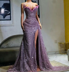 Light Purple Beaded High Split Evening Mermaid Prom Wedding Dresses