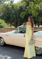 Yellow Satin Floor-Length Prom Dress with Lace-Up Back, Built-In Bra
