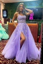 Shiny Purple Lace Long Prom Dress High Slit Evening Gown
