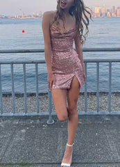 Pink Sequin Bodycon Spaghetti Strap Party Dress for Homecoming
