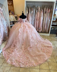 Pink Quinceanera Ball Gown Dresses with Cape and Flower Details