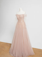 Champagne Pink Tulle Beaded Long Prom Evening Dress with Built‑In Bra