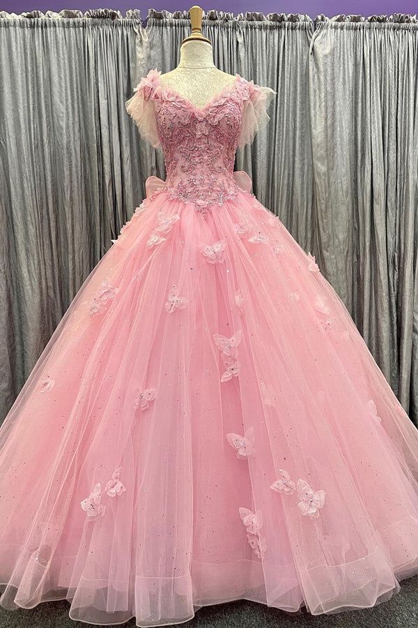 Pink Tulle Floral Lace Bow-Back Ball Gown with Flutter Sleeves
