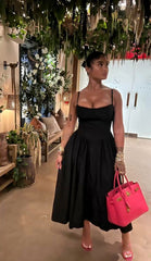 Satin A-Line Black Evening Prom Dress Sleeveless Built-in Bra