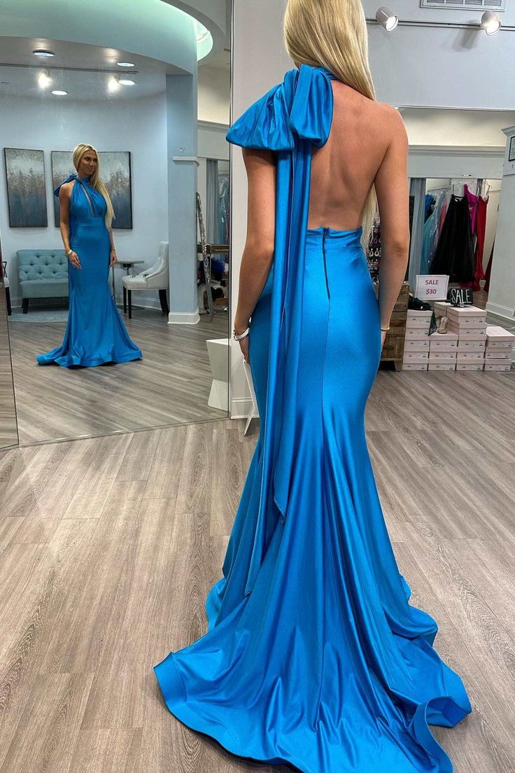 Royal Blue Satin Halter Backless Mermaid Evening Gown Formal Dress