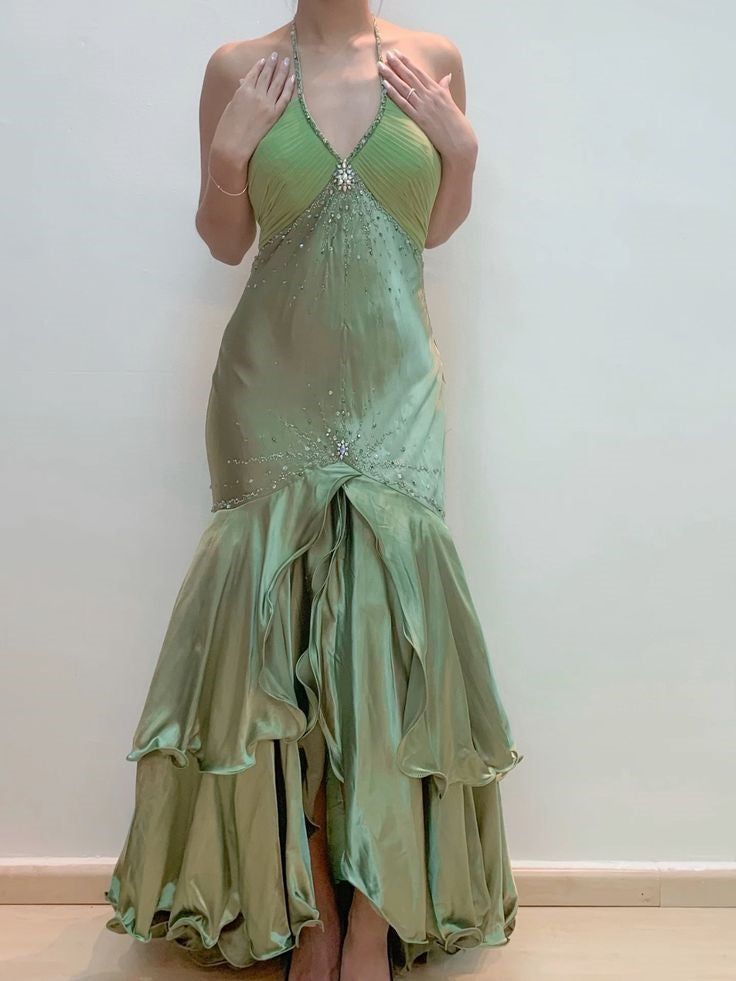 Green Vintage Beaded Long Formal Gown Evening Dress