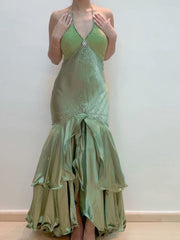 Green Vintage Beaded Long Formal Gown Evening Dress