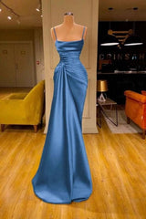 Satin Spaghetti-Strap Mermaid Prom Dress with Ruffled Hem