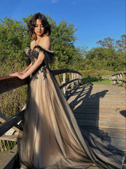 Off-Shoulder A-Line Tulle Prom Dress Long Evening Gown Lace-Up Back
