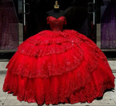 Luxury Red Quinceanera Ball Gown with Crystal Lace Appliques