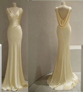 Pastel Yellow Satin Backless Mermaid Floor-Length Prom Dress