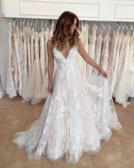 Light Champagne Applique Tulle Wedding Gown Spaghetti Straps Bridal Dress