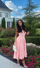 A-Line Pink Satin V-Neck Evening Dress Formal Prom Gown