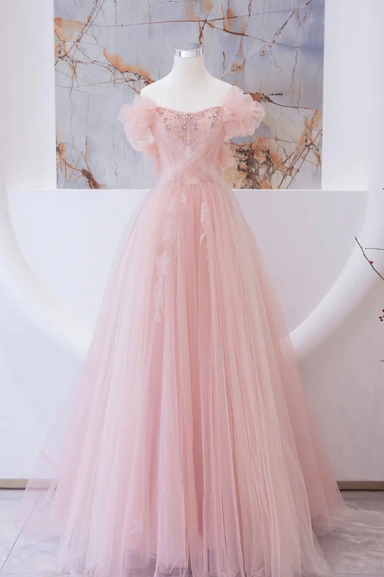 Tulle Beaded A-Line Long Prom Dress With Embellished Bodice