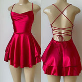 Red Satin Sleeveless Lace-Up Mini Prom Dress Elegant Party