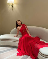 Red Chiffon Evening Gown with Side Slit and Built-In Bra