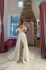 Satin Off-Shoulder Lace Slit Long-Sleeve Wedding Dress Built-in Bra