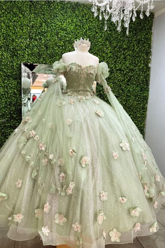 Shiny Light Sage Green Tulle Princess Ball Gown Prom Dress