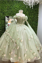 Shiny Light Sage Green Tulle Princess Ball Gown Prom Dress