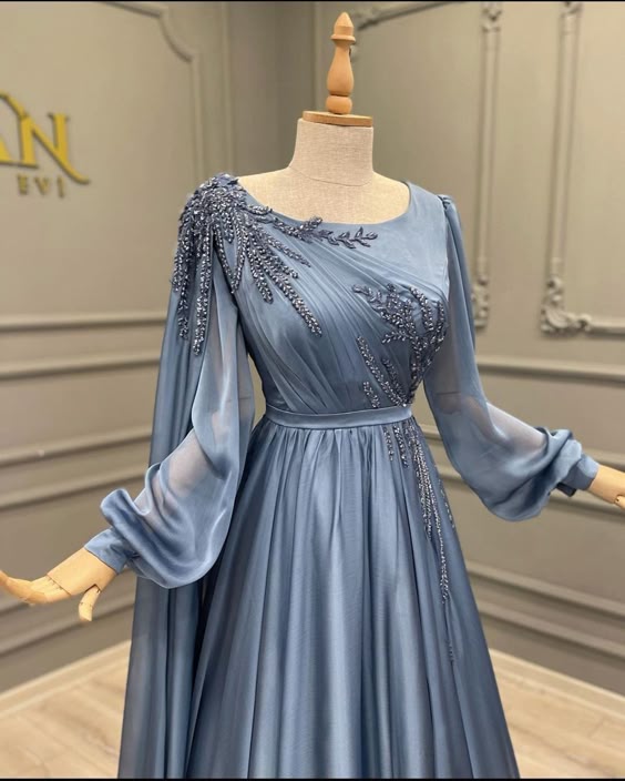 Elegant Blue Chiffon Evening Gown with Embellished Long Sleeves