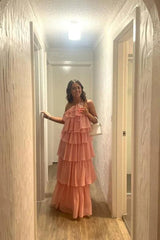 Halter Pink Chiffon Layered Floor-Length Prom Dress Elegant Supportive