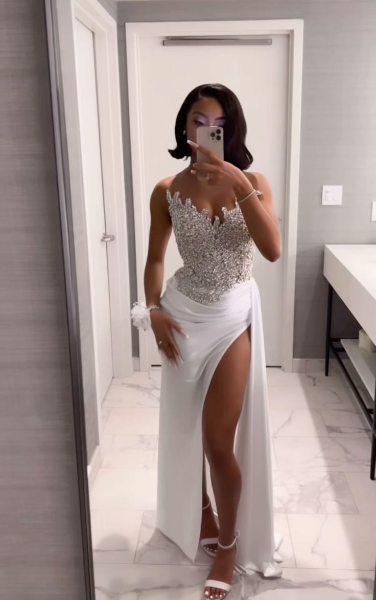 Stunning Long White A-Line Prom Dress with Slit Detailing