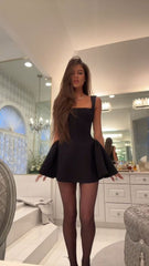 Black Satin A-Line Homecoming Party Prom Dress with Zipper