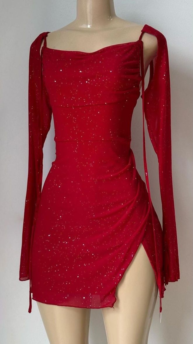 Red Shiny Chiffon Short Prom Dress with Long Sleeves