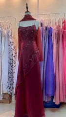 Burgundy Tulle Floor-Length Prom Dress Sleeveless Zipper Back