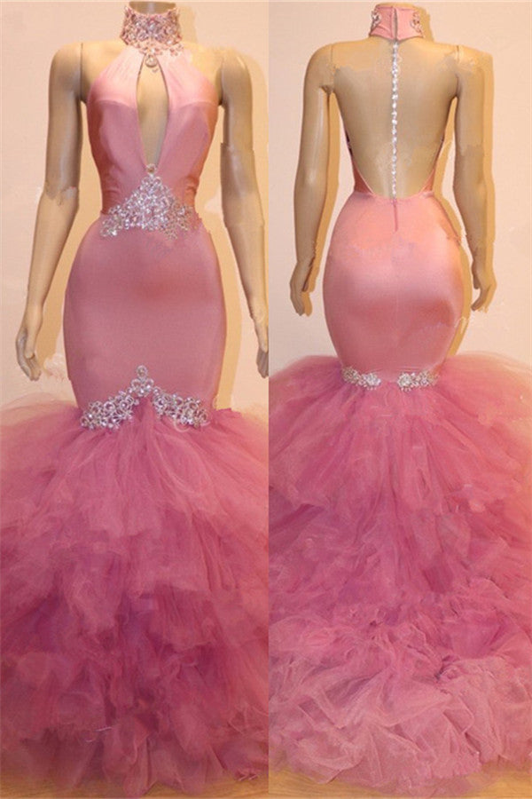 Elegant Keyhole Tulle Mermaid Prom Dress: Sleeveless, Beaded, Crystal Embellished Formal Gown