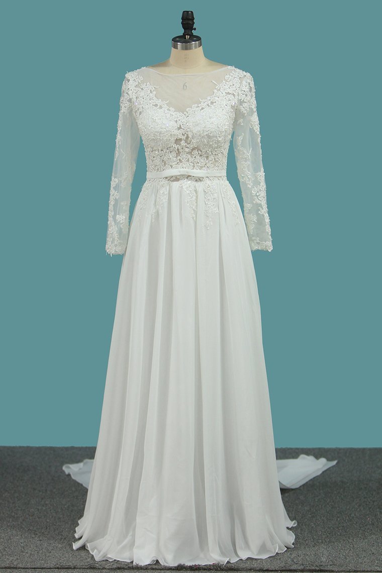 Elegant Long Sleeve A-Line Chiffon Wedding Dress with Exquisite Ruffles