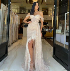 Charming Champagne Sequined Off-Shoulder Prom Dress with Feather Accents Evening Gown