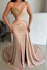 Elegant Strapless Satin Prom Gown with Pearl Embellishments and Front Slit