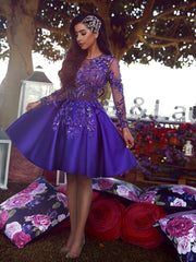Elegant Classic Scoop Neck Long Sleeve Purple Lace Applique Mini Homecoming Dress