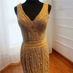 Gold Sequin Mermaid Prom Dress V Neck Long Sleeveless Evening Gown