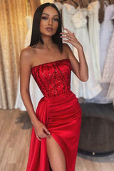 Classic Red Sequin Prom Dress with High Split Evening Gown